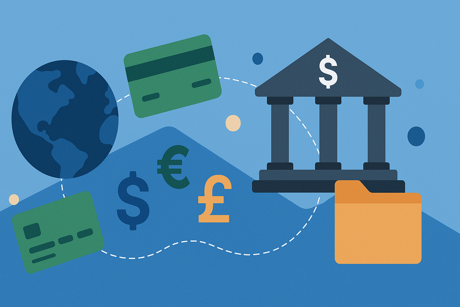 Wide abstract illustration of global banking with cards, currencies, and a bank building symbolizing U.S. client payments for freelancers.