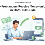 Wide illustration of a freelancer using a laptop and receiving payments online, symbolizing how freelancers get paid on Upwork in 2025.