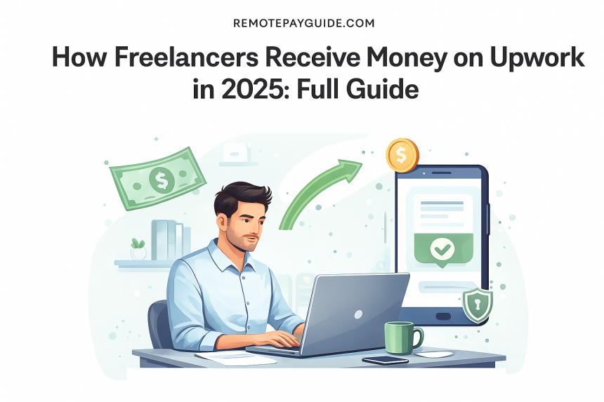 Wide illustration of a freelancer using a laptop and receiving payments online, symbolizing how freelancers get paid on Upwork in 2025.