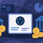 Wide abstract financial illustration showing global banking and currency management concepts without text.