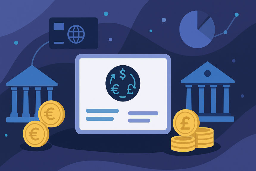 Wide abstract financial illustration showing global banking and currency management concepts without text.