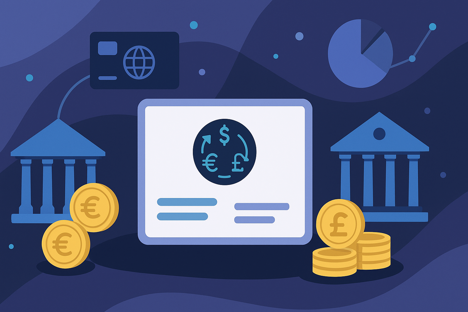 Wide abstract financial illustration showing global banking and currency management concepts without text.