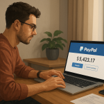 Wide illustration of a freelancer reviewing PayPal balance on a laptop while working at a desk, representing ways to avoid PayPal conversion fees in 2025.