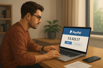 Wide illustration of a freelancer reviewing PayPal balance on a laptop while working at a desk, representing ways to avoid PayPal conversion fees in 2025.