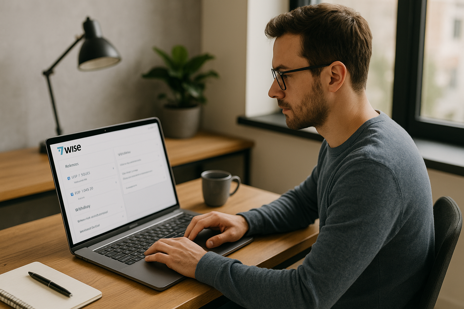 Wide illustration of a freelancer managing Wise balance and withdrawal options in 2025 at a modern workspace.