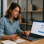 Wide image of a freelancer working on a laptop and smartphone in a modern home office, representing fast international payment methods for freelancers in 2025.