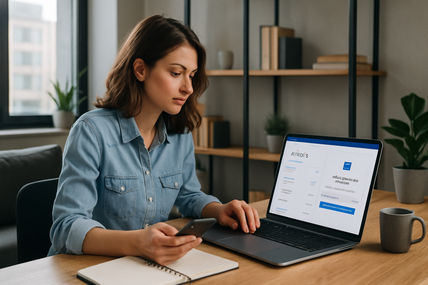 Wide image of a freelancer working on a laptop and smartphone in a modern home office, representing fast international payment methods for freelancers in 2025.