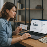 Wide image of a freelancer working on a laptop in a modern workspace, illustrating how freelancers receive payments on Fiverr.