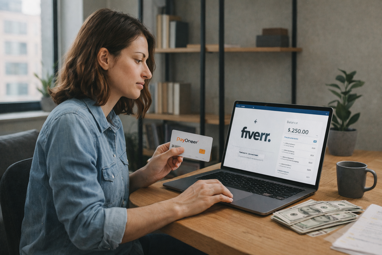 Wide image of a freelancer working on a laptop in a modern workspace, illustrating how freelancers receive payments on Fiverr.
