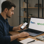 Wide image of a freelancer managing payments from Upwork and Fiverr using a laptop and smartphone, illustrating ways to reduce withdrawal fees in 2025