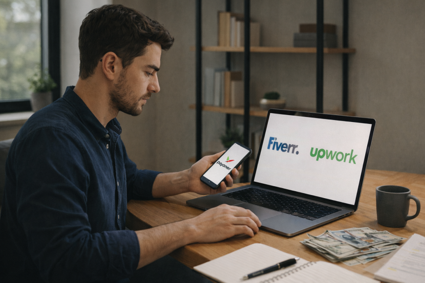 Wide image of a freelancer managing payments from Upwork and Fiverr using a laptop and smartphone, illustrating ways to reduce withdrawal fees in 2025