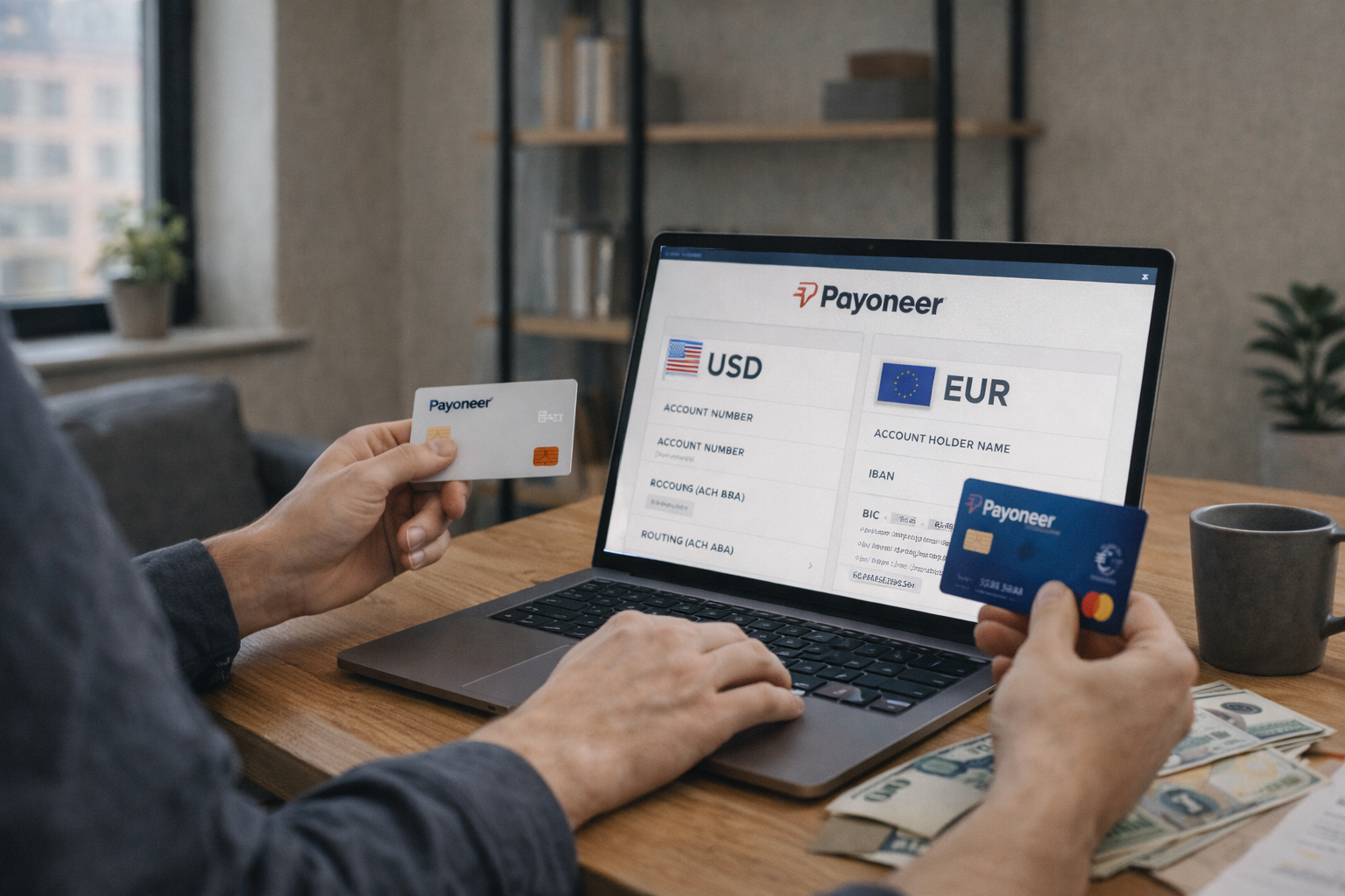 Wide image of a freelancer managing Payoneer USD and EUR accounts on a laptop, illustrating how Payoneer receiving accounts work for freelancers.