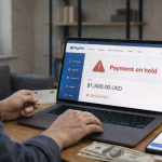 Wide image of a freelancer viewing a PayPal payment on hold notification on a laptop, illustrating why PayPal holds payments and how freelancers deal with them.