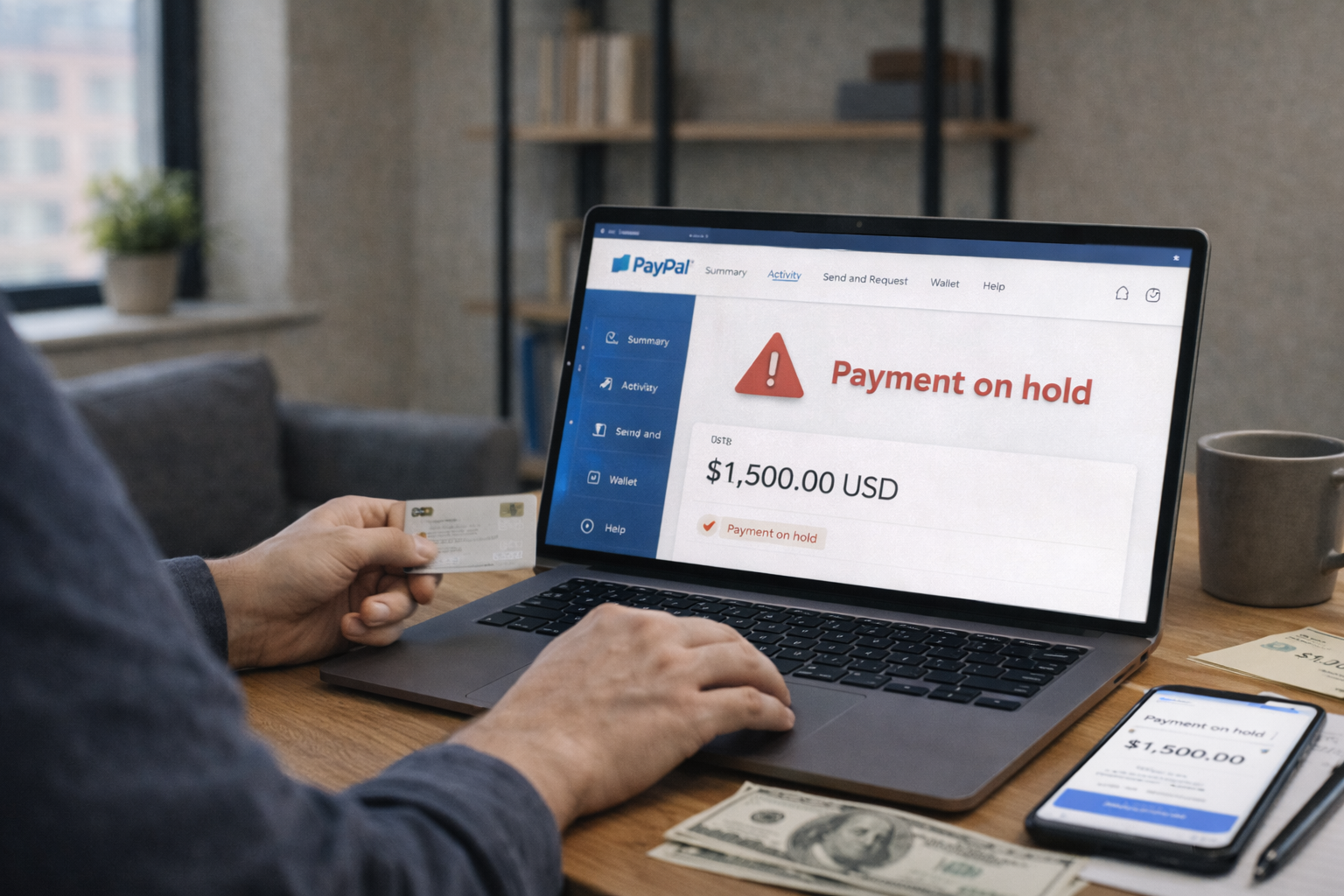 Wide image of a freelancer viewing a PayPal payment on hold notification on a laptop, illustrating why PayPal holds payments and how freelancers deal with them.