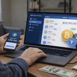 Wide image of a freelancer working on a laptop in a modern home office while receiving cryptocurrency payments, illustrating safe and legal crypto payments for freelancers.