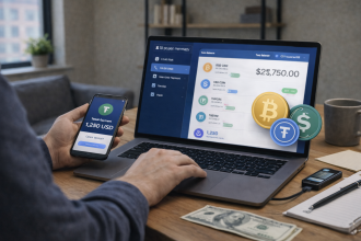 Wide image of a freelancer working on a laptop in a modern home office while receiving cryptocurrency payments, illustrating safe and legal crypto payments for freelancers.