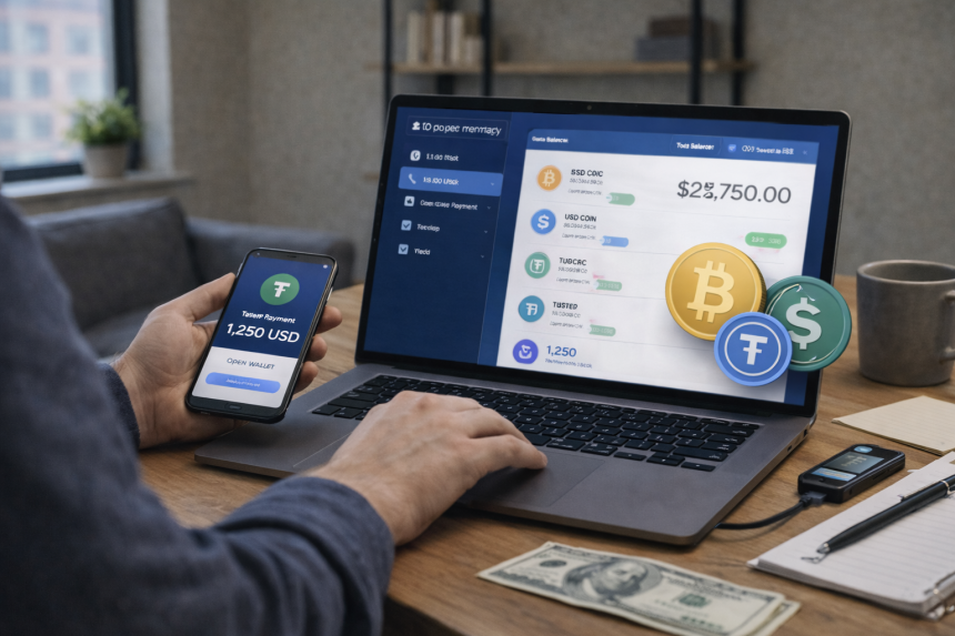 Wide image of a freelancer working on a laptop in a modern home office while receiving cryptocurrency payments, illustrating safe and legal crypto payments for freelancers.