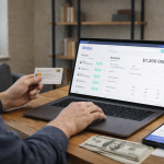 Wide image of a freelancer working on a laptop and managing online payments, illustrating how freelancers receive payments through Stripe without a registered company.