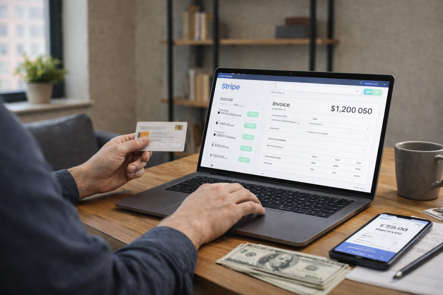 Wide image of a freelancer working on a laptop and managing online payments, illustrating how freelancers receive payments through Stripe without a registered company.