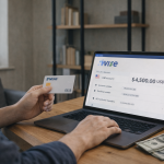Wide image of a freelancer using a laptop and Wise debit card to manage a USD account, illustrating how freelancers receive and manage USD payments with Wise.