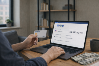Wide image of a freelancer using a laptop and Wise debit card to manage a USD account, illustrating how freelancers receive and manage USD payments with Wise.