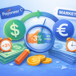 Illustration comparing Payoneer exchange rate with market rate showing currency conversion markup and hidden percentage spread