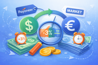 Illustration comparing Payoneer exchange rate with market rate showing currency conversion markup and hidden percentage spread