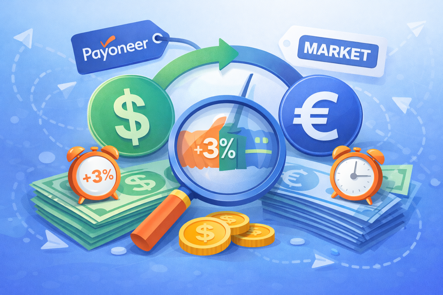 Illustration comparing Payoneer exchange rate with market rate showing currency conversion markup and hidden percentage spread