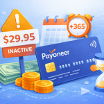 Illustration representing Payoneer inactivity fee with calendar, warning sign, annual charge concept and freelancer payment card