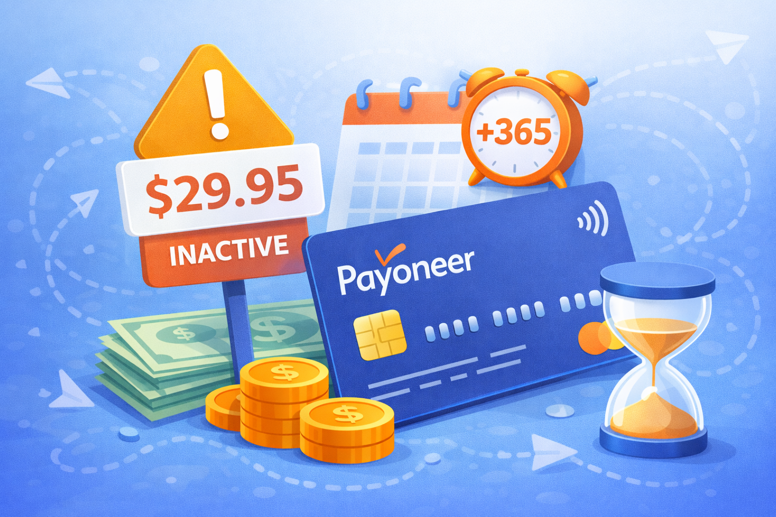 Illustration representing Payoneer inactivity fee with calendar, warning sign, annual charge concept and freelancer payment card