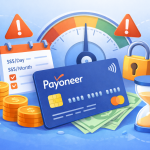 Payoneer withdrawal limits illustration showing daily and monthly caps, bank transfers, and card withdrawal restrictions for freelancers