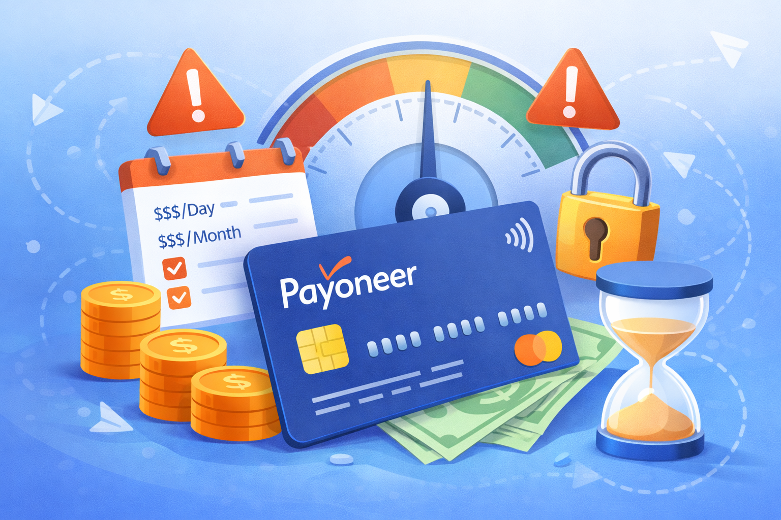 Payoneer withdrawal limits illustration showing daily and monthly caps, bank transfers, and card withdrawal restrictions for freelancers