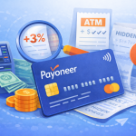Payoneer prepaid card with ATM, coins and receipts illustrating withdrawal fees, currency conversion and hidden card charges