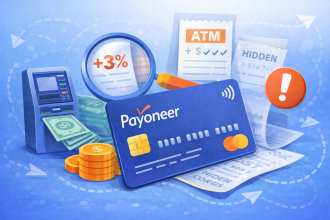 Payoneer prepaid card with ATM, coins and receipts illustrating withdrawal fees, currency conversion and hidden card charges