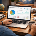 freelancer analyzing international transfer fees and currency exchange rates on laptop