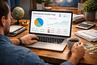 freelancer analyzing international transfer fees and currency exchange rates on laptop
